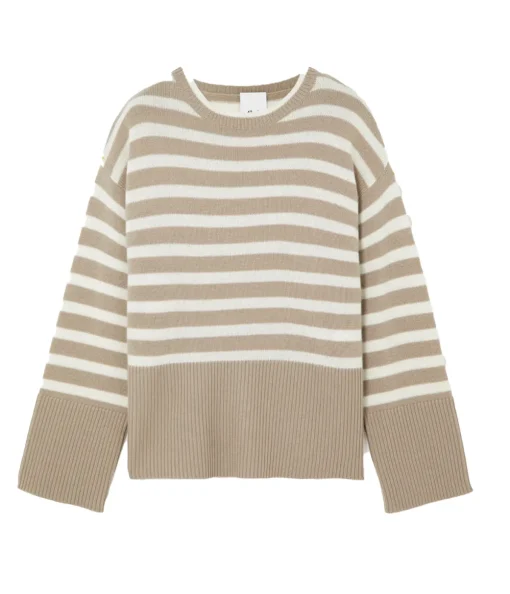 Round Neck Wool and Cashmere Sweater in Sand Stripe
