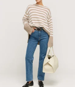 Round Neck Wool and Cashmere Sweater in Sand Stripe