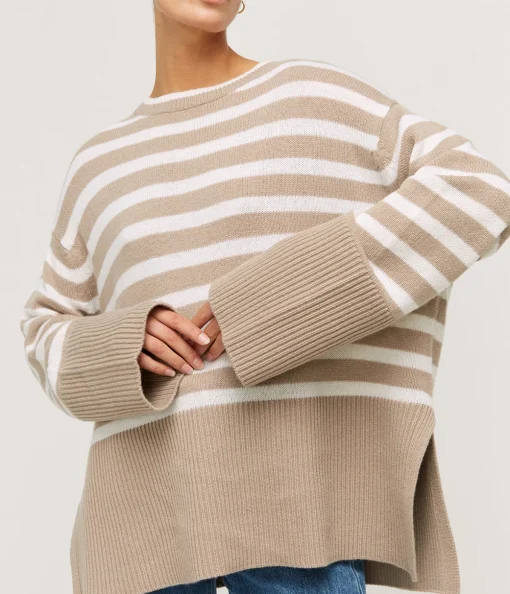 Round Neck Wool and Cashmere Sweater in Sand Stripe