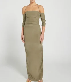 Samaca Off the Shoulder Long Dress in Cumin