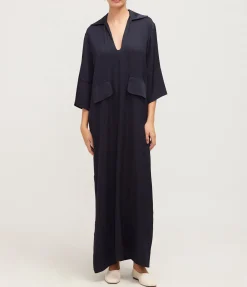 Serafino V-Neck Silk Dress in Navy