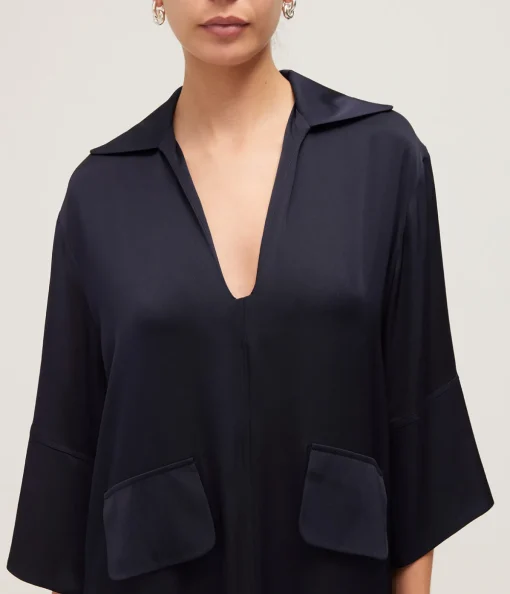Serafino V-Neck Silk Dress in Navy