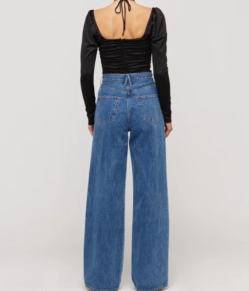 Shiny Crepe Jersey Ruched Blouse in Black