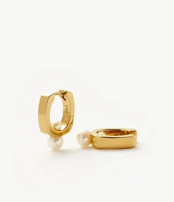 Square Button Pearl Small Hoop Earrings in Gold