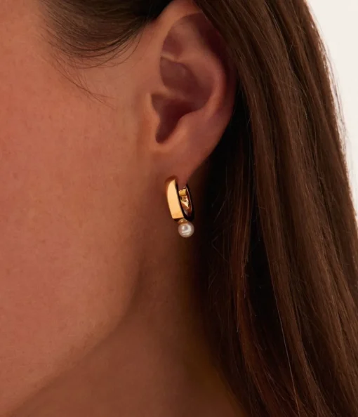 Square Button Pearl Small Hoop Earrings in Gold