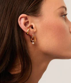 Square Button Pearl Small Hoop Earrings in Gold