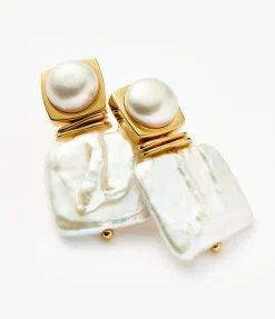 Square Pearl Statement Stud Earrings in Gold