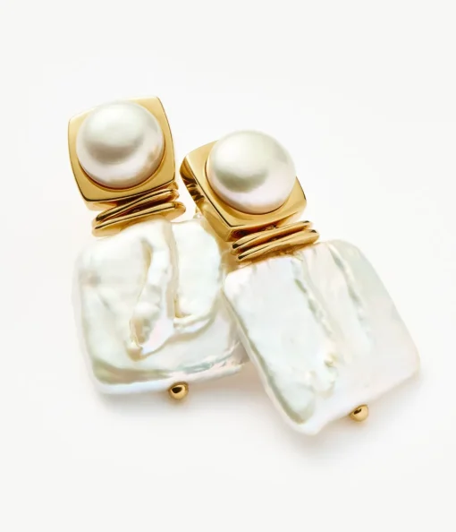 Square Pearl Statement Stud Earrings in Gold
