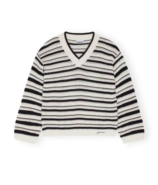Striped Cotton Pointelle V-neck