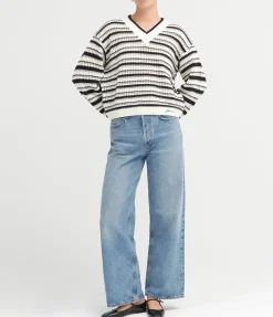 Striped Cotton Pointelle V-neck