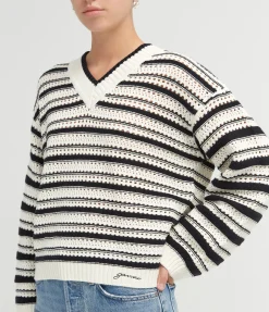 Striped Cotton Pointelle V-neck