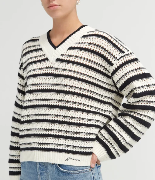 Striped Cotton Pointelle V-neck