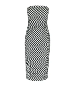 Tia Fitted Strapless Midi Dress in Black Gingham