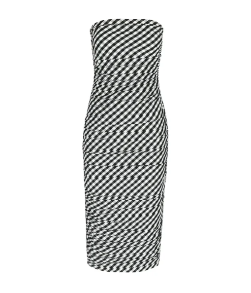 Tia Fitted Strapless Midi Dress in Black Gingham