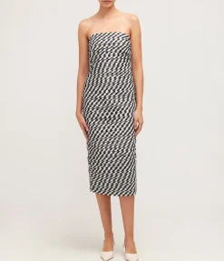 Tia Fitted Strapless Midi Dress in Black Gingham
