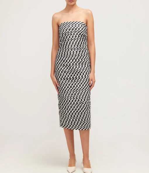 Tia Fitted Strapless Midi Dress in Black Gingham
