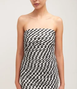 Tia Fitted Strapless Midi Dress in Black Gingham