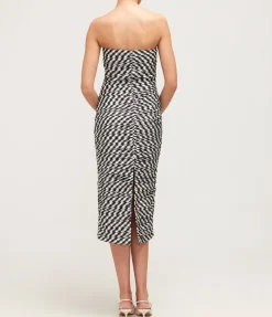 Tia Fitted Strapless Midi Dress in Black Gingham