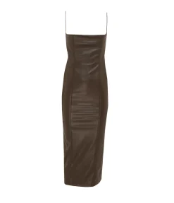 Vegan Leather Open Back Midi Dress in Dark Brown
