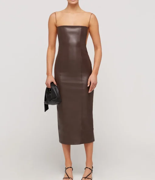 Vegan Leather Open Back Midi Dress in Dark Brown