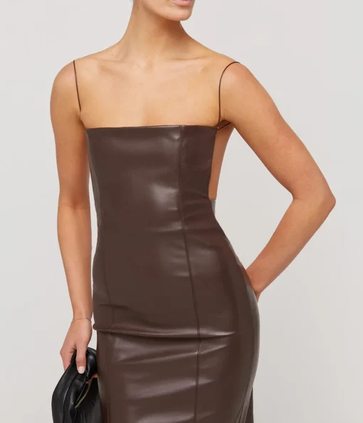 Vegan Leather Open Back Midi Dress in Dark Brown