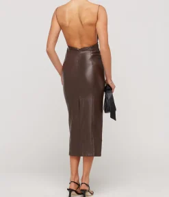 Vegan Leather Open Back Midi Dress in Dark Brown