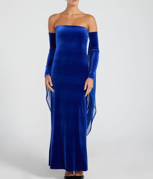 Velvet Strapless Maxi Dress in Blue