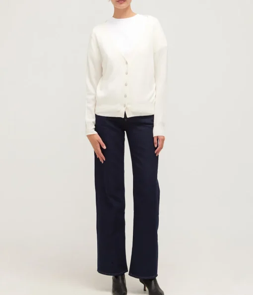 V-Neck Dimante Button Down Cardigan in Ivory