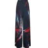 Wide Leg Silk Satin Pant in Red Silver Flower