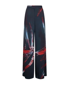 Wide Leg Silk Satin Pant in Red Silver Flower