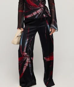 Wide Leg Silk Satin Pant in Red Silver Flower