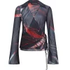 Wrap Silk Shirt in Red Silver Flower