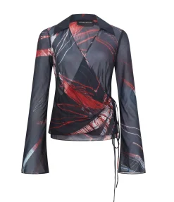 Wrap Silk Shirt in Red Silver Flower