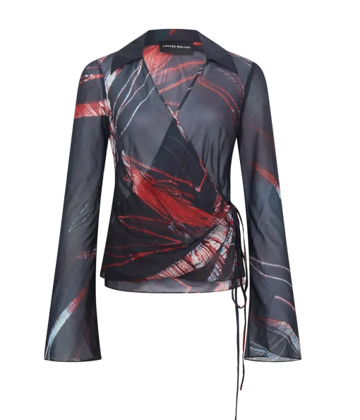 Wrap Silk Shirt in Red Silver Flower