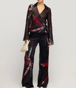 Wrap Silk Shirt in Red Silver Flower