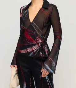 Wrap Silk Shirt in Red Silver Flower