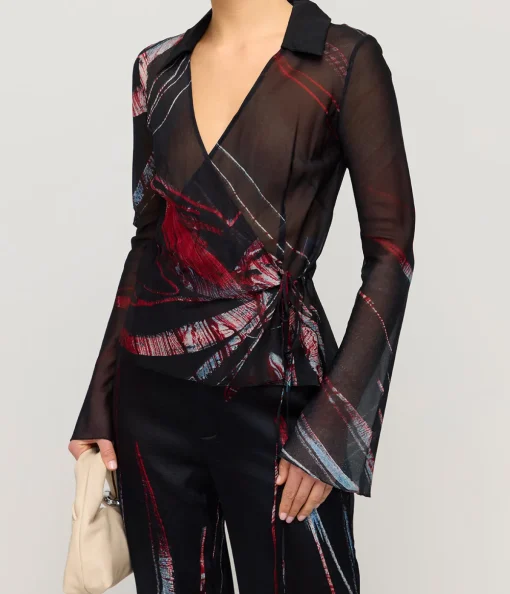 Wrap Silk Shirt in Red Silver Flower