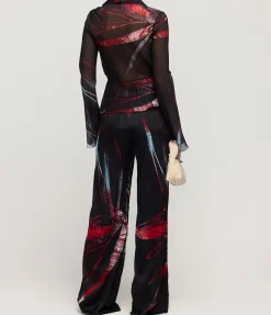 Wrap Silk Shirt in Red Silver Flower