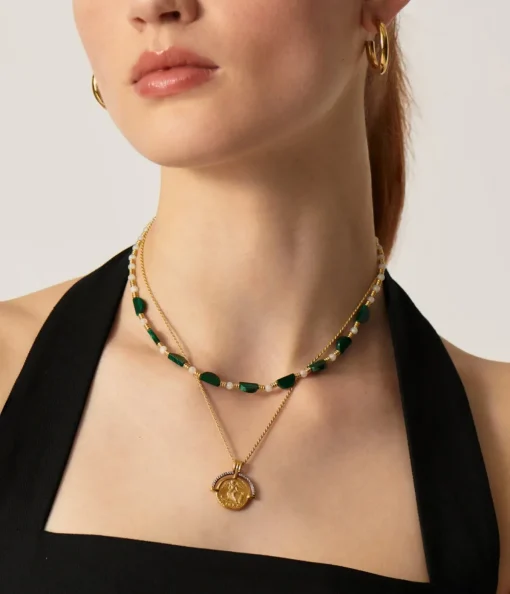 Zenyu Beaded Half Moon Necklace in Gold and Amazonite